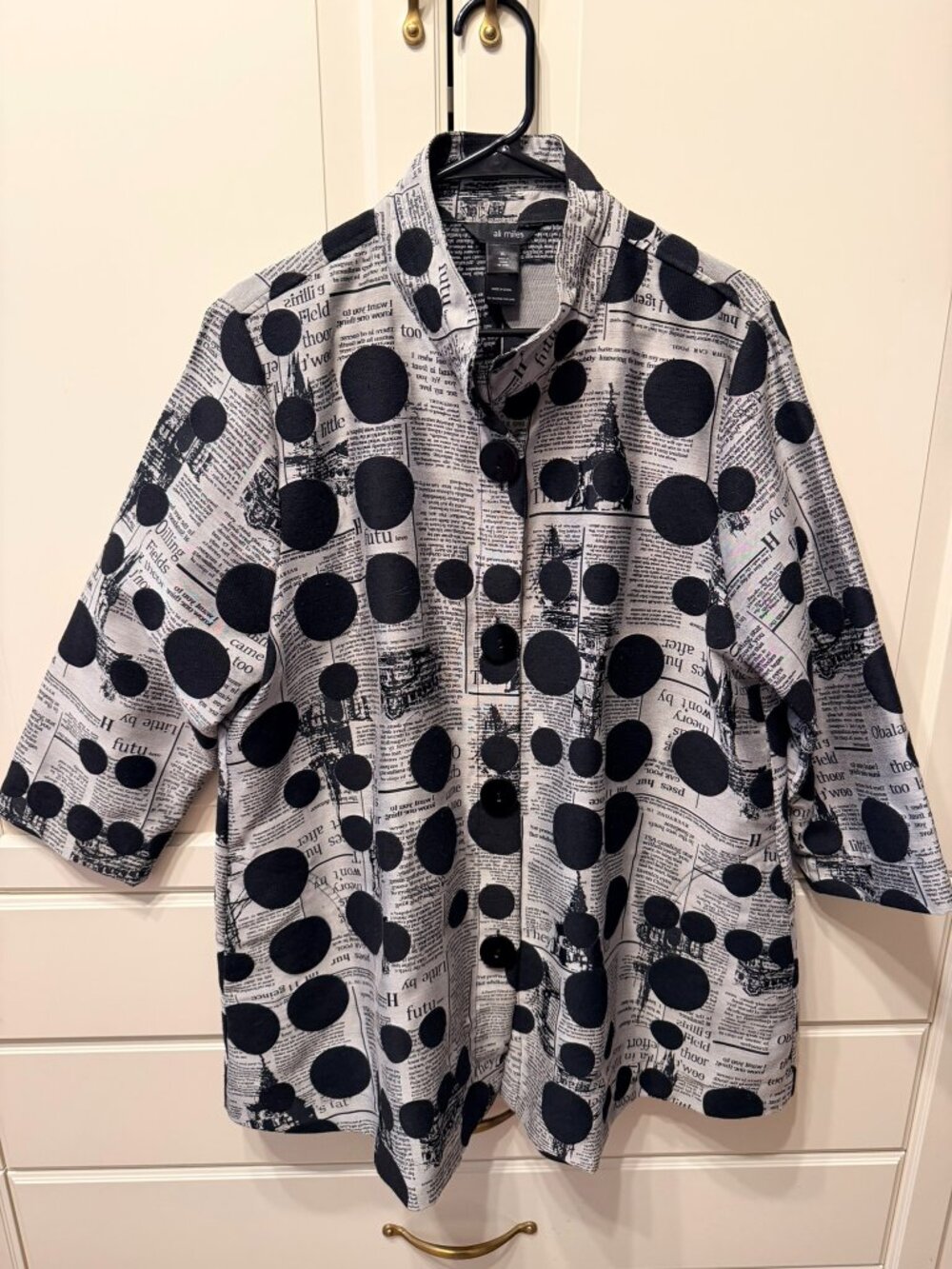 ALI MILES Black & Silver Fashion Newsprint ¾ Sleeve Jacket Blazer (Size XL)